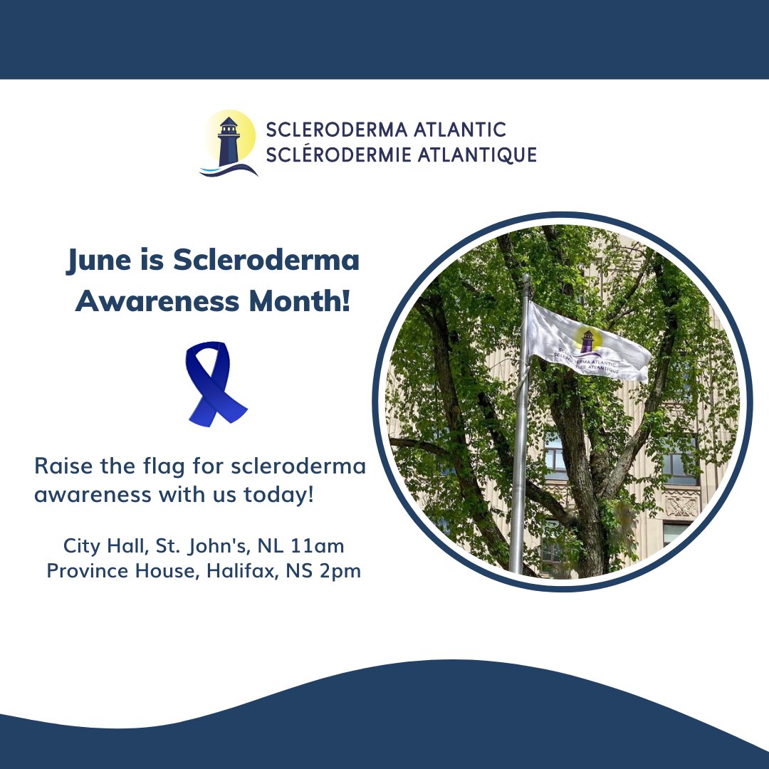 SclerodermaATL's tweet image. June is Scleroderma Awareness Month! Help us Raise the Flag for Scleroderma Awareness at 2 locations in Atlantic Canada.
💙 City Hall, St. John's NL at 11am 
💙 Province House, Halifax, NS at 2pm
#sclerodermaawarenessmonth