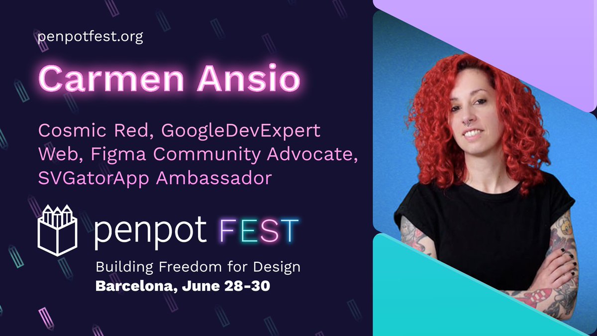 penpotapp's tweet image. Meet the Penpot Fest Speakers!

@carmenansio Cosmic Red, GoogleDevExpert Web, Figma Community Advocate,  SVGatorApp Ambassador  

♦️For those of you that don’t want to miss our very limited €100 early bird tickets, go straight to registration penpotfest.org 
#opensource