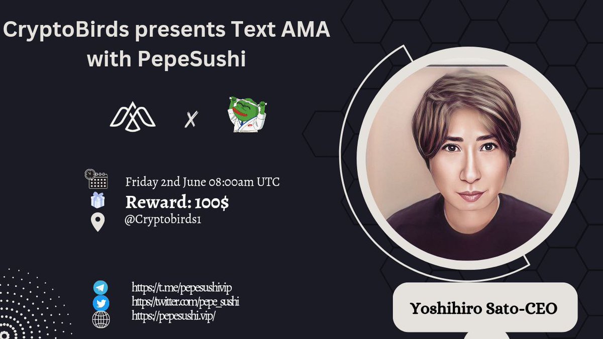 Crypt0_Birds's tweet photo. CryptoBirds Telegram Text AMA with PepeSushi 
🕰 When: 2nd June at 08:00 AM UTC
🏛 Where: https://t.co/ZhCMdoZsgd
🎖 Prize pool: $100

 Follow @Crypt0_Birds &amp; @pepe_sushi

Rules:
1️⃣ Follow @Crypt0_Birds and @pepe_sushi
2️⃣ Like &amp; Retweet this post 
3️⃣ Max 3 questions allowed https://t.co/1lDIoommt0