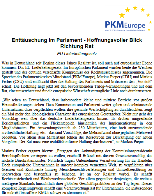 In Deutschland bereits Realität, auf europäischer Ebene yet to come: Das EU-Lieferkettengesetz. Im Europäischen Parlament wurde heute der deutlich verschärfte Kompromiss des Rechtsausschusses angenommen. <a href="/markuspieperMEP/">Markus Pieper</a> und <a href="/MarkusFerber/">Markus Ferber</a> kritisieren den „Vorstoß“ scharf.