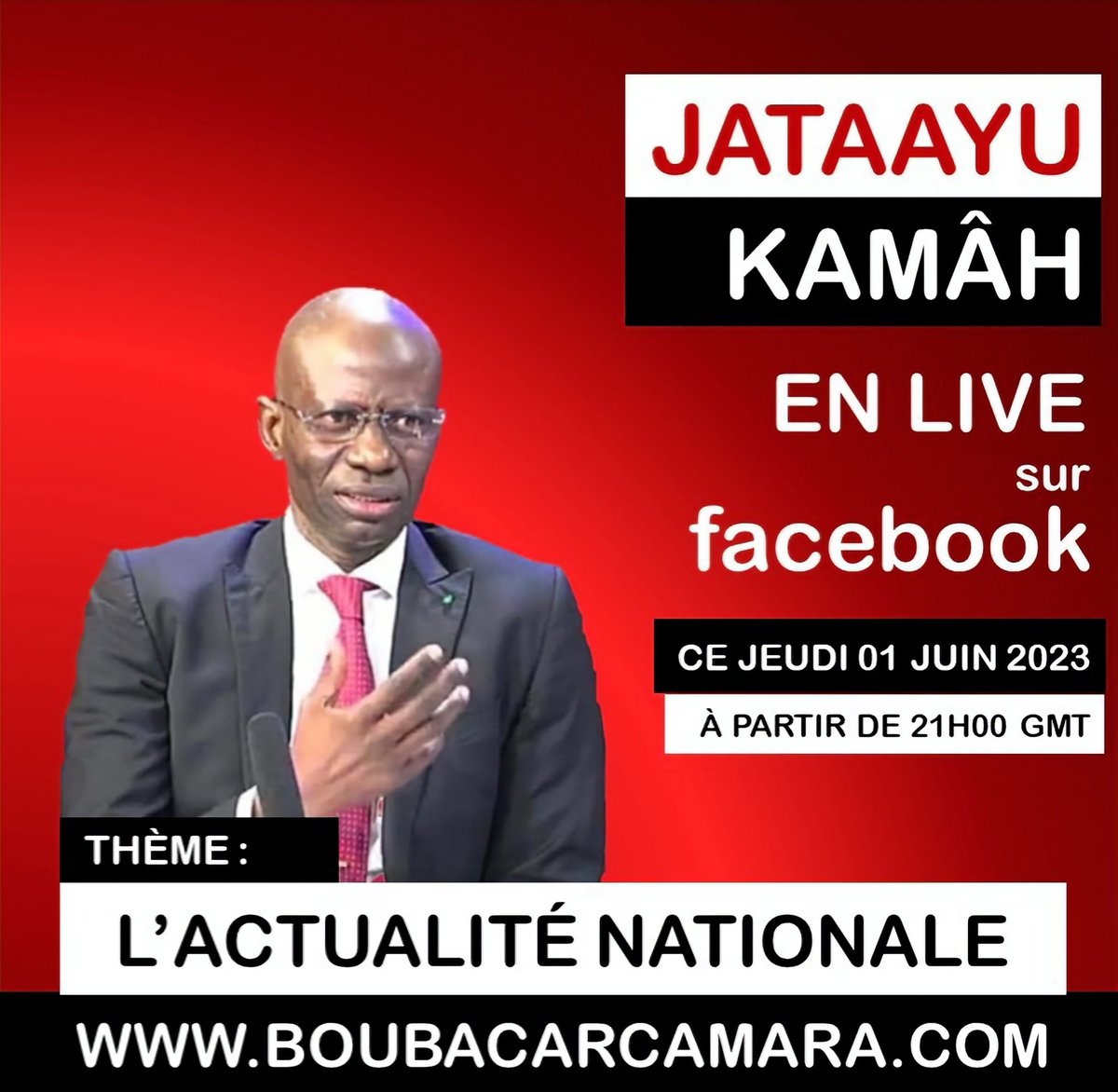 Cher réseau, 
Nous vous retrouvons en LIVE FACEBOOK (JATAAYU KAMÂH) ce jeudi 01 juin 2023 à 21:00 GMT pour aborder l'actualité nationale. 
#Jengu #Tabax #sénégal #kebetu #sénégalais #senegalaise #livefacebook #actualité #DialogueNational #procès #JATAAYU #Kamâh