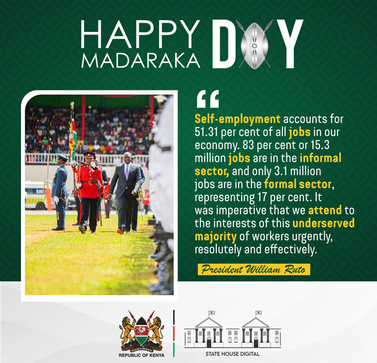 Truepastoralist's tweet photo. President William Samoei Ruto  leads the First Madaraka celebrations in His government in Embu County.

This year's Madaraka Day Theme is Small and Medium Enterprises .

#MadarakaDay 
#UDAdelivers 
#KaziNiKazi

@WilliamsRuto 
@Cleophasmalala 
@rigathi 
@OleItumbi https://t.co/OYomo63J84