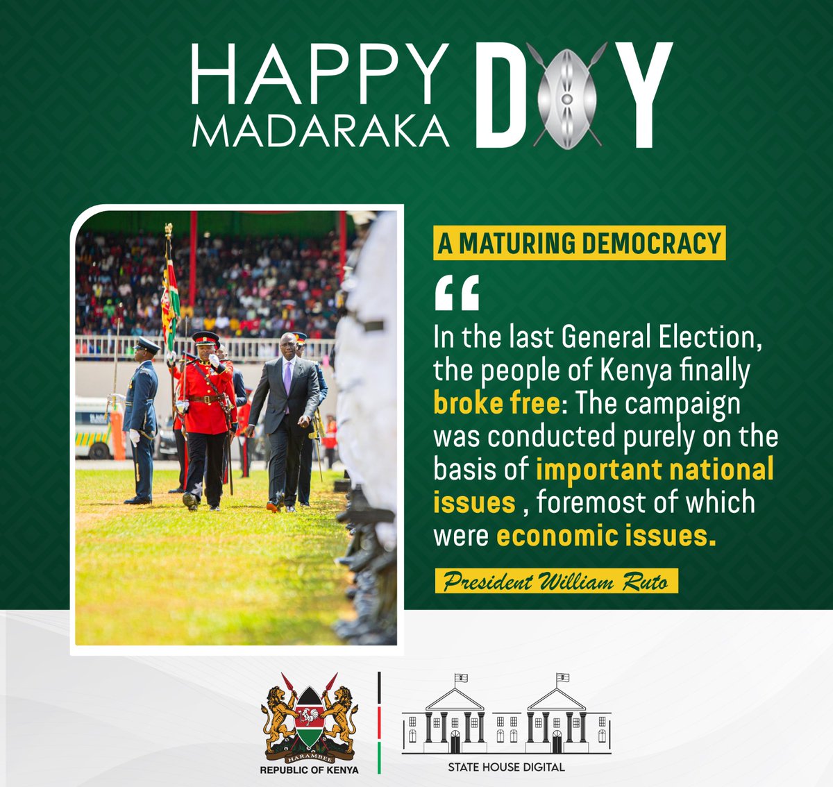 Truepastoralist's tweet photo. President William Samoei Ruto  leads the First Madaraka celebrations in His government in Embu County.

This year's Madaraka Day Theme is Small and Medium Enterprises .

#MadarakaDay 
#UDAdelivers 
#KaziNiKazi

@WilliamsRuto 
@Cleophasmalala 
@rigathi 
@OleItumbi https://t.co/OYomo63J84
