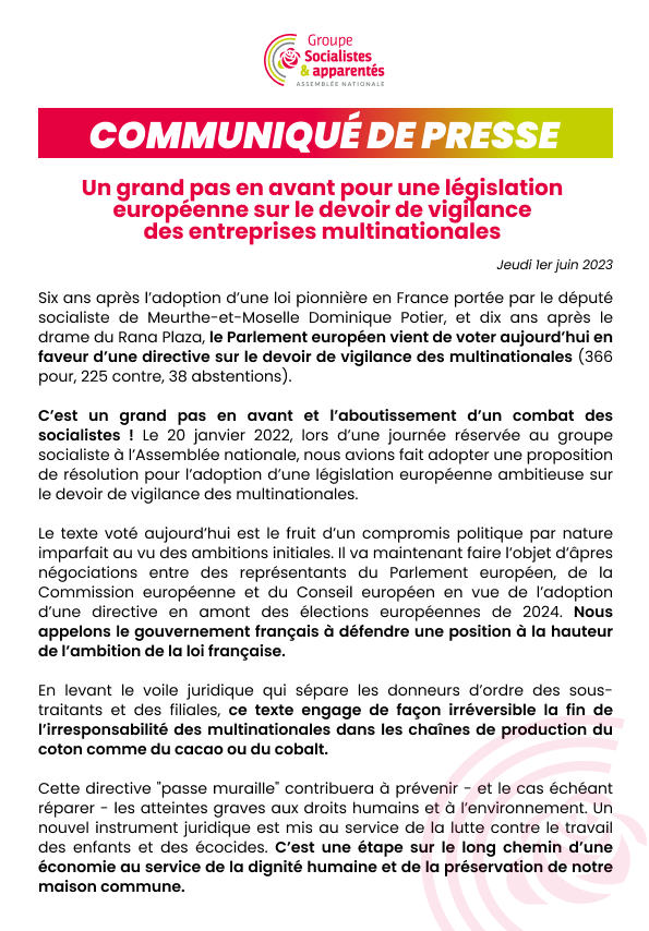 6 ans après l’adoption en France d’une loi pionnière portée par <a href="/PotierDominique/">Dominique Potier</a>, le Parlement européen vient de voter en faveur d’une directive sur le #DevoirDeVigilance des multinationales.

C’est un grand pas en avant et l’aboutissement d’un combat des socialistes !