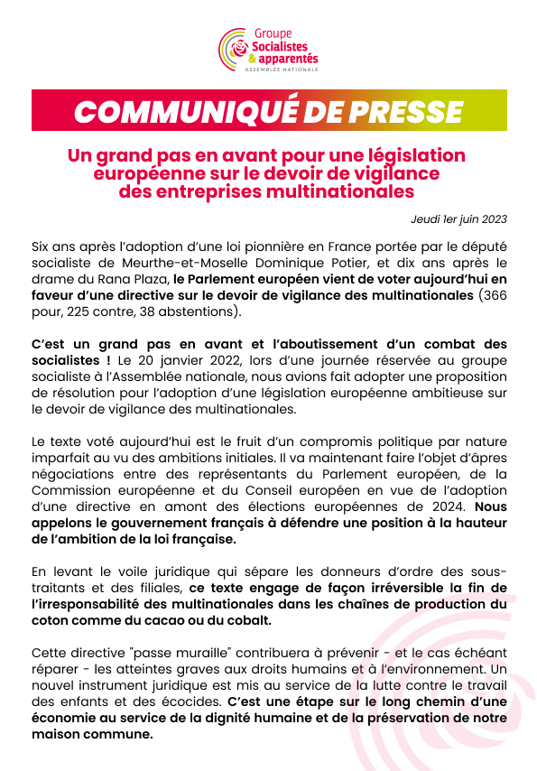 6 ans après l’adoption en France d’une loi pionnière portée par @PotierDominique, le Parlement européen vient de voter en faveur d’une directive sur le #DevoirDeVigilance des multinationales.

C’est un grand pas en avant et l’aboutissement d’un combat des socialistes !