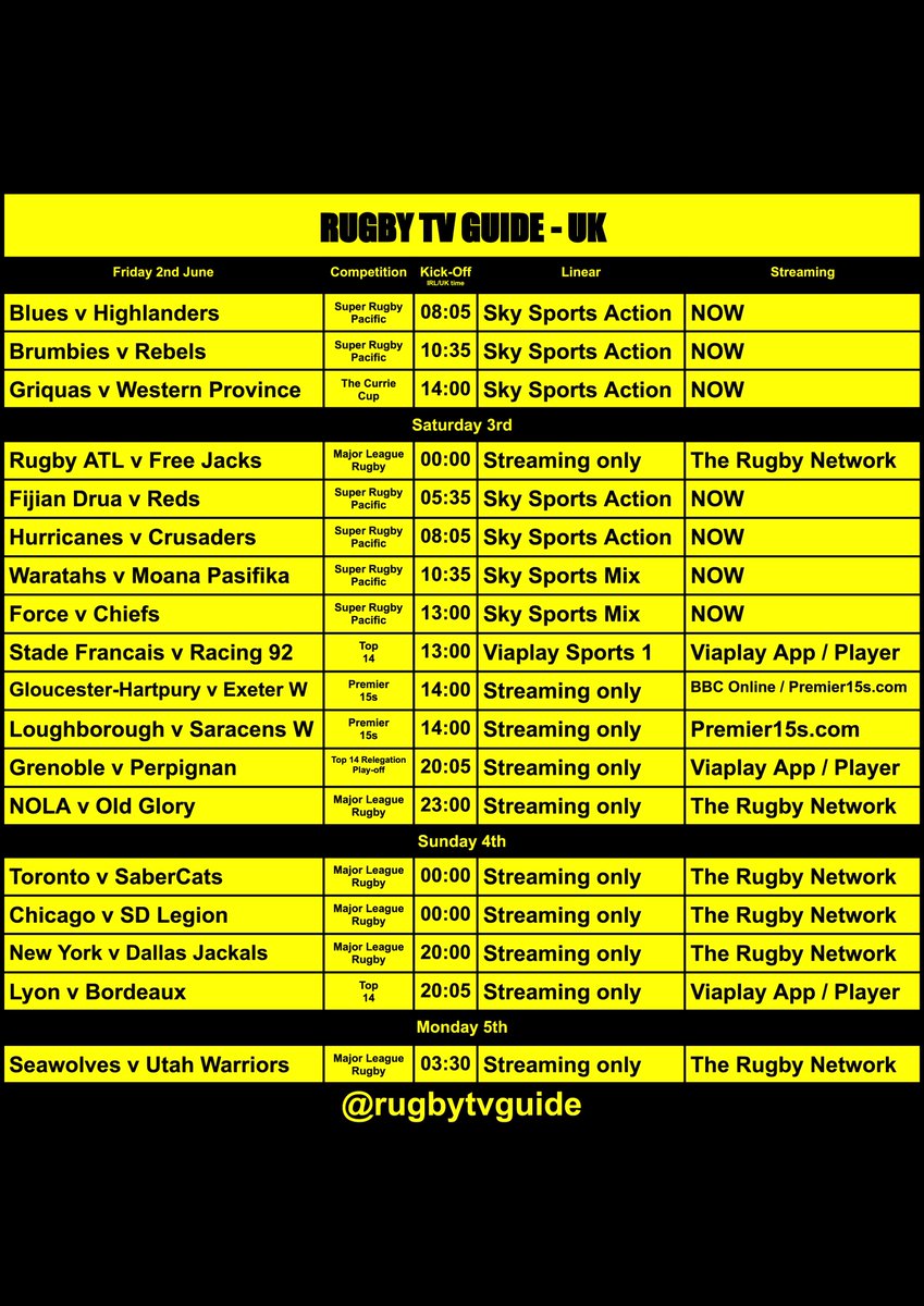 Here's your weekly rugby TV guide for all games being shown across Ireland & the UK this weekend 🙌

18 games ✔️
6 broadcasters 🎥
4 channels 📺
5 streaming platforms ▶️
All 👇

#SuperRugbyPacific #Top14 #MLR2023 #CurrieCup #Premier15s