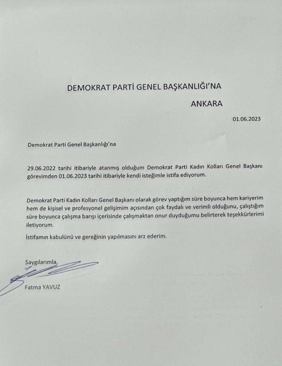 Demokrat Parti Kadın Kolları Genel Başkanı Fatma Yavuz istifa etti @DPFatmaYavuz