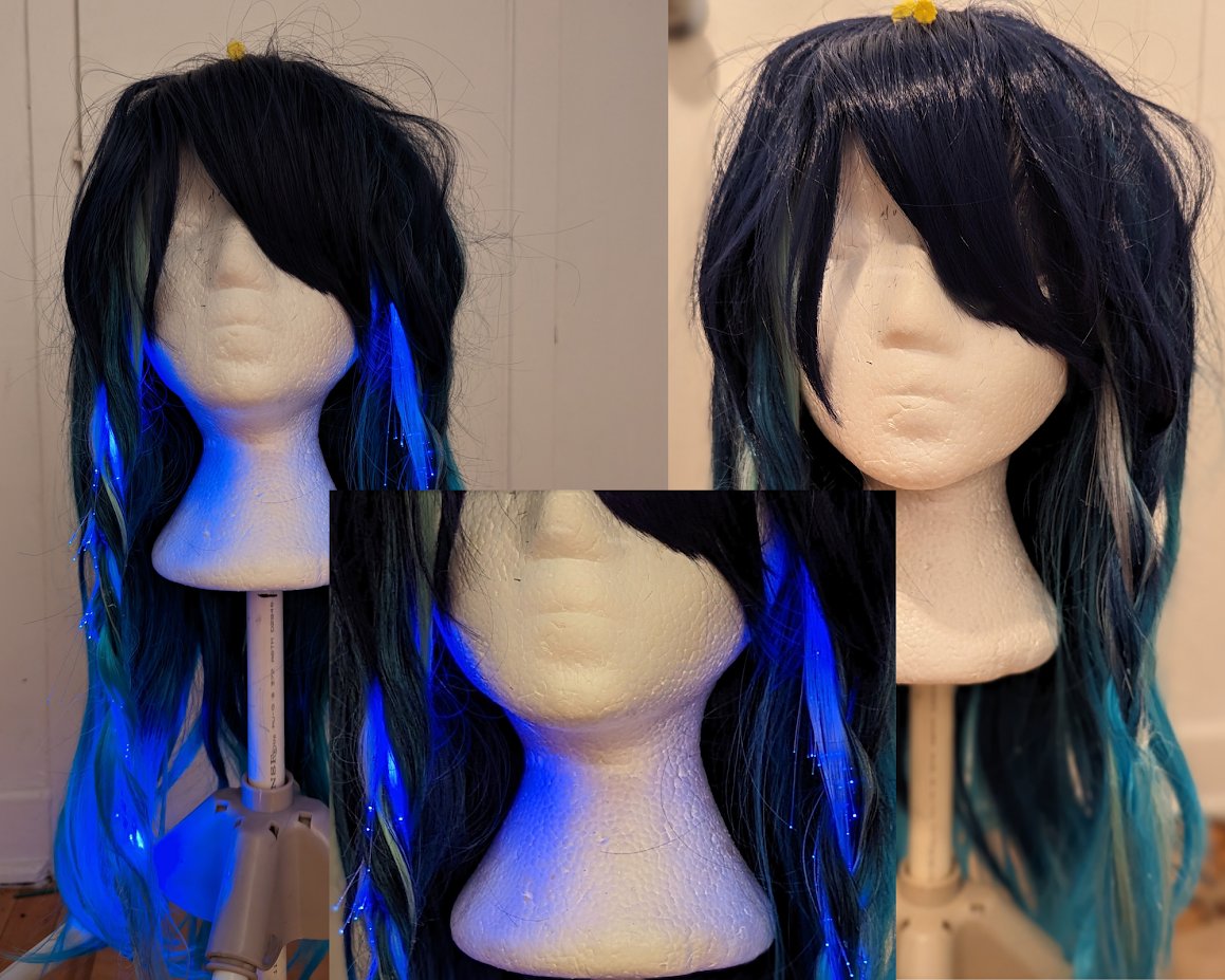 Kyrianvt's tweet photo. @GenshinPoker I finish the braid of the wig for Venti archon. I'm so glad on how it turn out and also SUPER glad i remember these light up hair clip on from the 2000's. Can't wait for my friend to style the rest of the wig :D https://t.co/E9s5rxjfWs