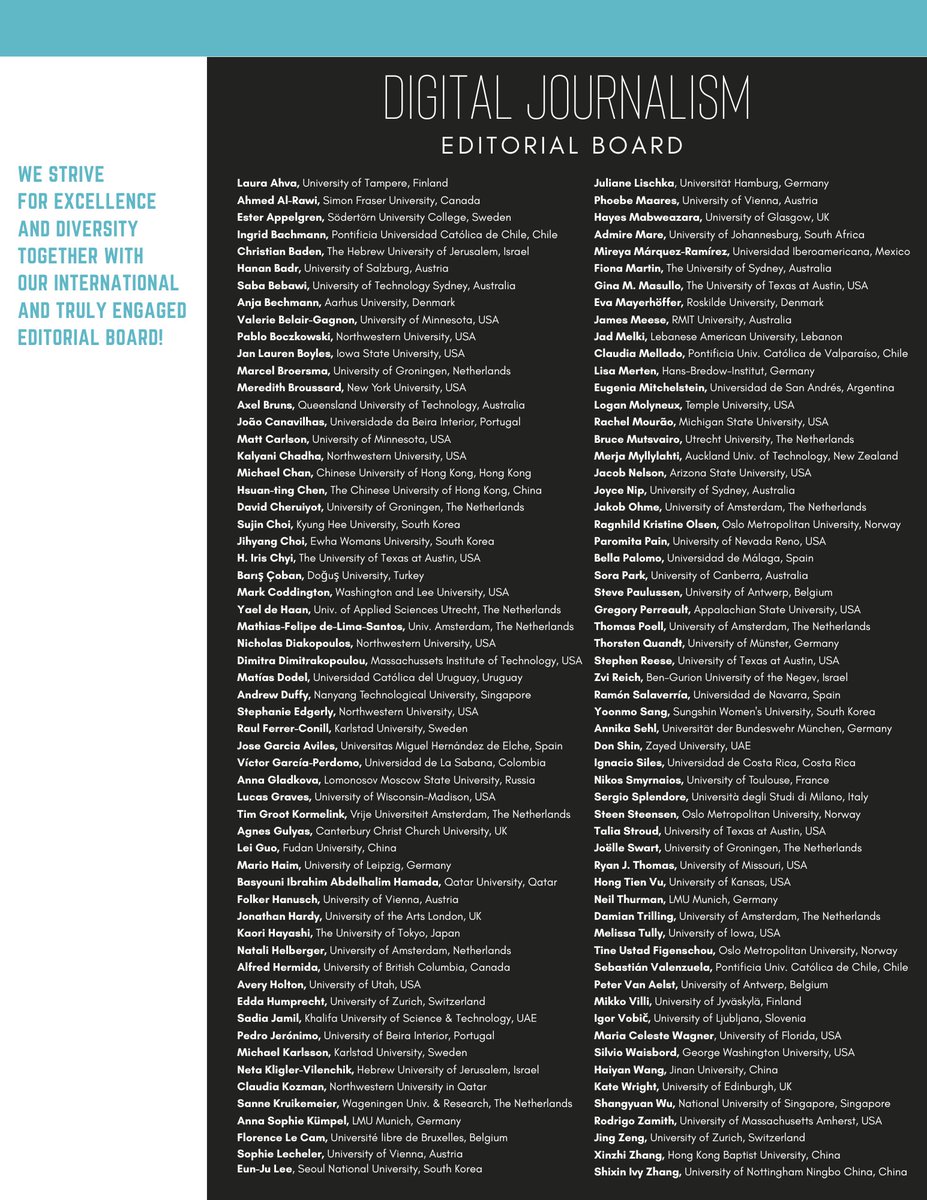 Second, I’d like to mention the work <a href="/djeditorialteam/">Digital Journalism</a> is doing, as a journal, to promote inclusion &amp; diversity in the field. An international editorial team, an editorial board of researchers from 39 countries, a newsletter that features the editor's note in seven languages...