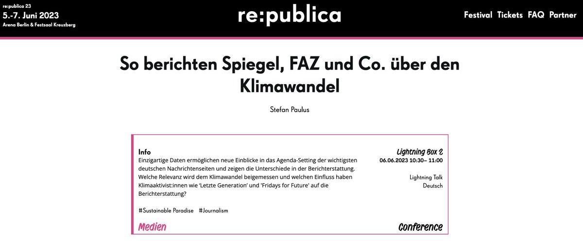 So berichten Spiegel, FAZ &amp; Co. über den #Klimawandel

Kommt gerne am Dienstag zur re:publica und lauscht meinem (hoffentlich) unterhaltsamen und vor allem informativen Vortrag zum Status der #Klima-Berichterstattung der wichtigsten deutschen Publisher
#rp23 #republica #medien
