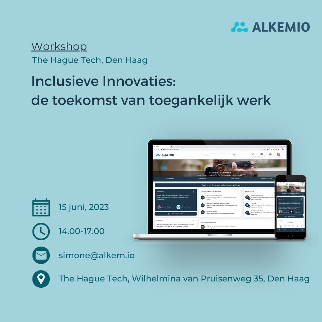 📣 Uitnodiging workshop 15 juni: 'Inclusieve Innovaties: de toekomst van toegankelijk werk'. Wil je jouw organisatie inclusiever maken? Of wil je meedenken over het toegankelijker maken van de arbeidsmarkt voor mensen met een visuele beperking? Meld je dan aan via simone@alkem.io
