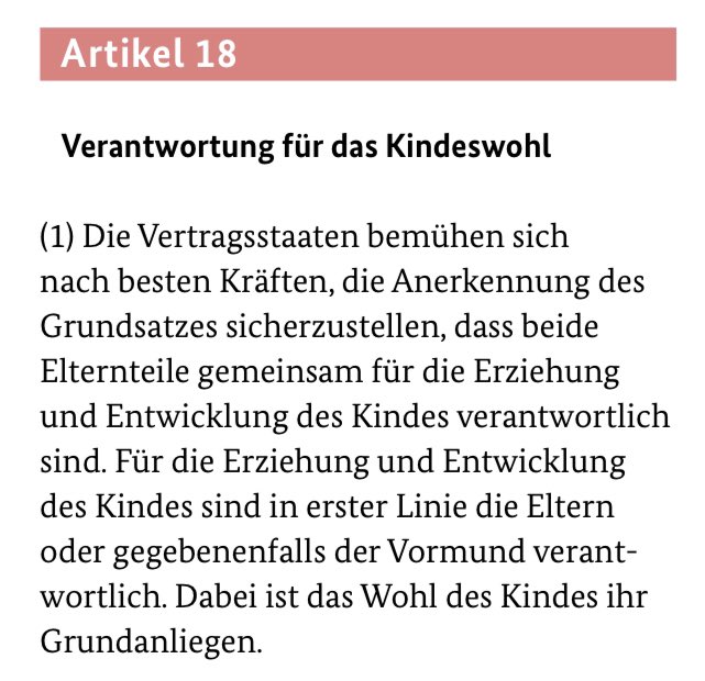 Wir möchten zum #Kindertag darauf hinweisen, dass in 🇩🇪 noch immer die Artikel 9 Absatz 3 und Artikel 18 Absatz 1 der #Kinderrechtskonvention unzureichend umgesetzt sind und jeden Tag über 100 Trennungskinder den Kontakt zu einem Elternteil verlieren.
bmfsfj.de/resource/blob/…