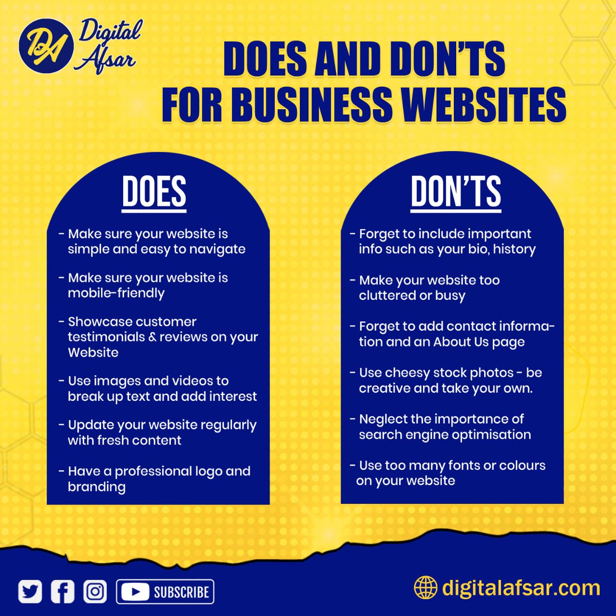 AfsarWebDev's tweet image. Do&apos;s &amp;amp; Don&apos;t for Business Websites❗😧

Points to keep in mind while creating your business website following key points will definitely make a hunge difference once you consider them at the time of building your business website. 

Follow for more such informative content.