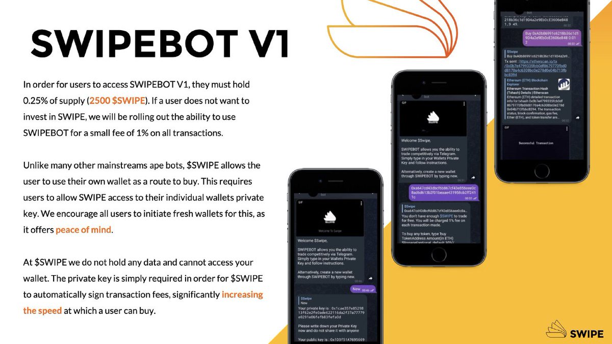 Research and Development is a priority for the $Swipe Team, so we made the decision to pair our bot with our Native Token, $SWIPE. Which will allow our Technical Team to consistently provide updates ensuring SwipeBot operates more efficiently than ever
