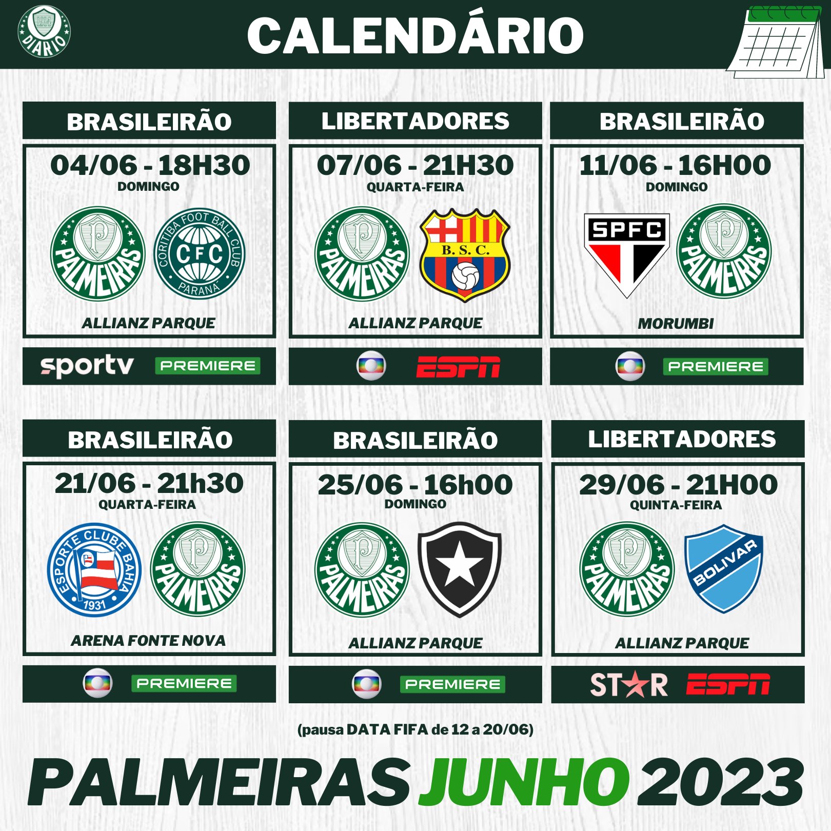 DiárioDODECA Palmeiras on X: O calendário do mês de junho de 2023 do  Palmeiras. O verdão terá quatro jogos em casa e dois fora. Data FIFA de 12  a 20/06.  /