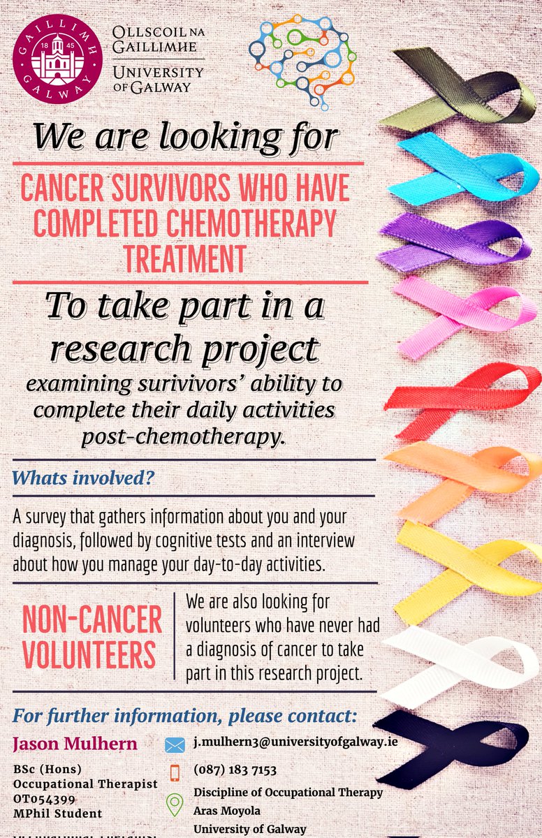 MPhil student @JasonMulhern11 is looking for both cancer survivors and non-cancer volunteers to take part in a research project exploring the impact of cognitive impairment post-chemotherapy on #OccupationalPerformance. Please RT. #CancerResearch #CancerSurvivorship