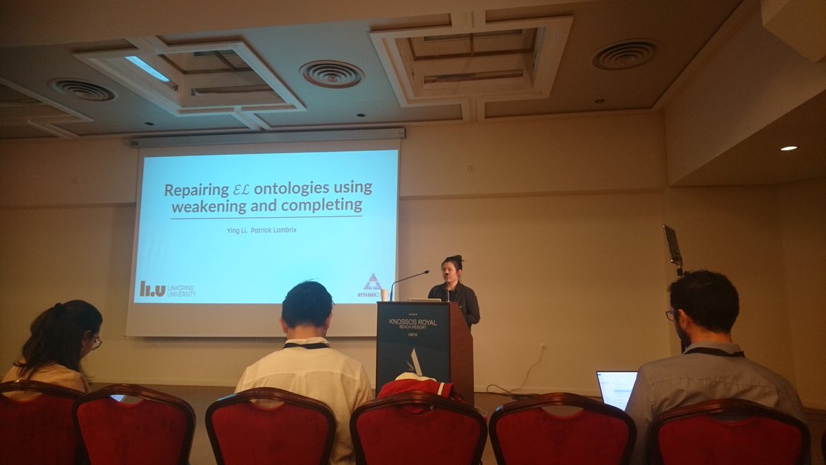 LiU Semantic Web (@liusemweb) on Twitter photo Our Ying Li (<a href="/Ying_Li924/">Ying Li</a>) presents her <a href="/eswc_conf/">ESWC Conferences</a> research paper about repairing EL ontologies
using weakening and completing, co-authored with Patrick Lambrix (<a href="/LiuPatla/">Patrick Lambrix</a>). Our Ying Li (<a href="/Ying_Li924/">Ying Li</a>) presents her <a href="/eswc_conf/">ESWC Conferences</a> research paper about repairing EL ontologies
using weakening and completing, co-authored with Patrick Lambrix (<a href="/LiuPatla/">Patrick Lambrix</a>).