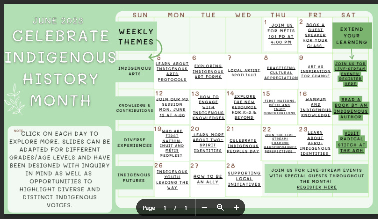 Today starts #IndigenousHistoryMonth We are focusing on celebration,arts, diversity, innovation, futures <a href="/ugdsb/">Upper Grand DSB</a> staff can access resources &amp; sign ups for livestreams &amp; guest speaker on the Indigenous Ed website in the Educator hub where there are livelinks on the pdf of image.