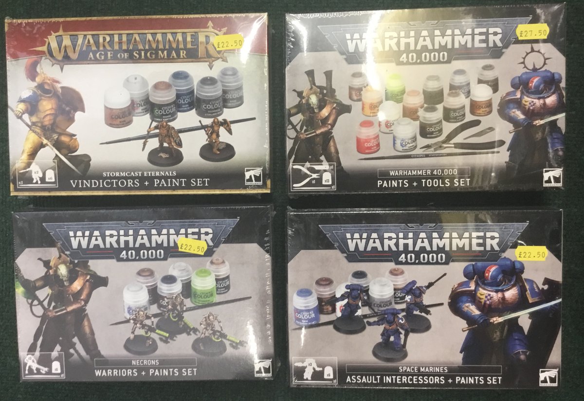 toymasterleigh's tweet photo. Someone you know looking to take up Warhammer or table top gaming? Why not start them off with a Warhammer paint set. For the more experienced modeller we have the Citadel contrast &amp; Layer paint set or the large Battle ready paint set. https://t.co/t9B0Py1ZLu