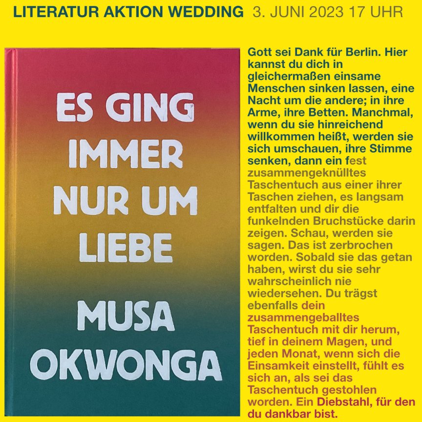 mzlections's tweet photo. #LiteraturAktionWedding ist mein Hauptspaß in diesem Jahr. Und nächstes Jahr gehts weiter. Aber jetzt am Samstag wäre Gelegenheit für #MusaOkwonga und #LiteraturenimKontext
Und hier eine längere Rezension von mir, automatisch ins Englische übersetzt:
https://t.co/z0lqu1zajY https://t.co/qOuIJpjERF