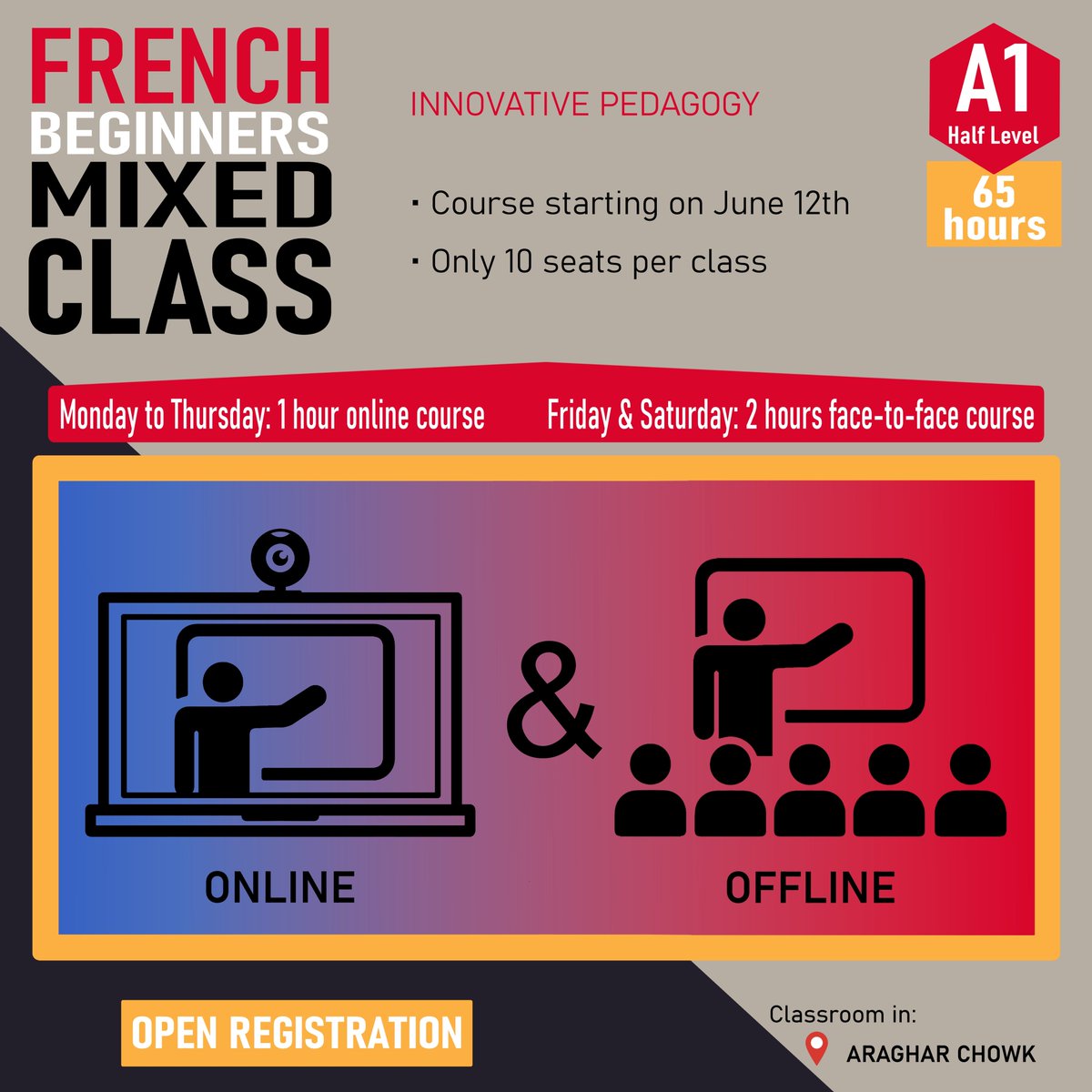 Hurry up! Our new mixed online and offline French course for beginners will be starting soon!

Online courses: 7pm to 8pm
Offline courses: 4pm to 6pm

Rs 9,750 for 65 hours
*Seats are limited

WhatsApp: +91 70 600 212 97
dehradun.chandigarh@afindia.org

#learnfrench #dehradun