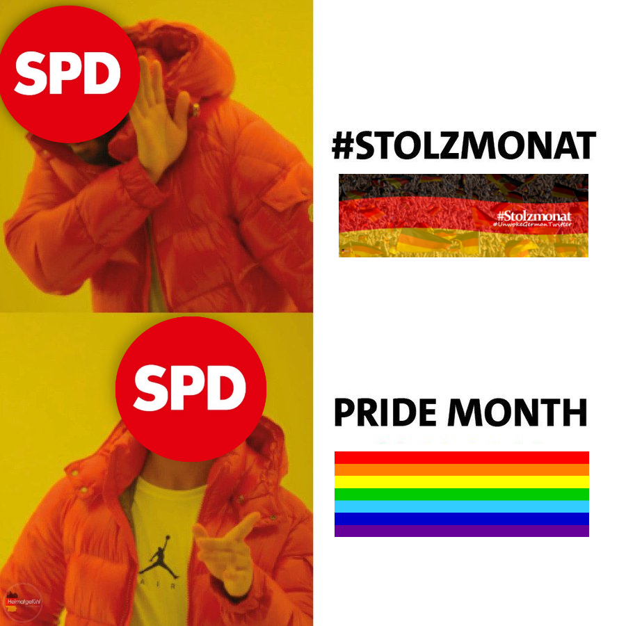 Mehr muss man über die SPD nicht wissen.
Ideologie statt Schwarz, Rot, Gold.

#Stolzmonat
#StolzStattPride