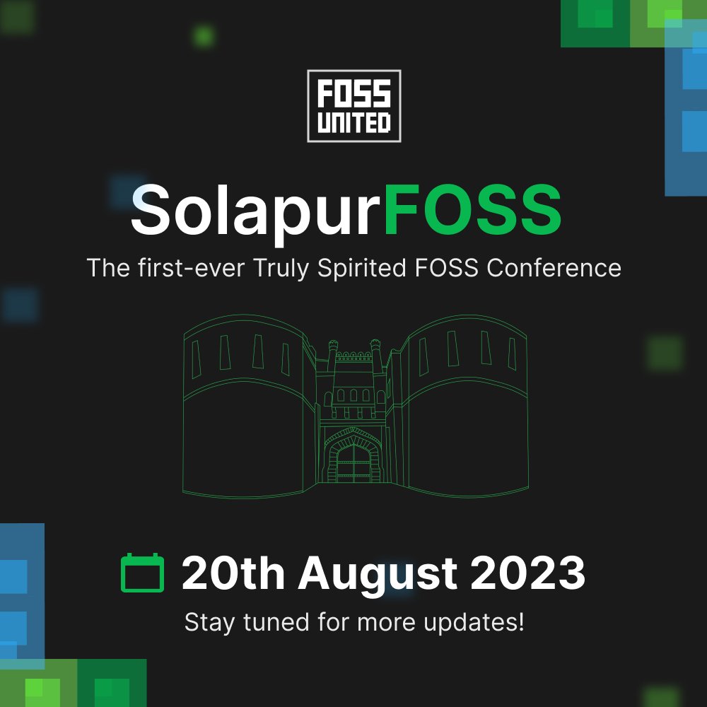 solapurfoss's tweet photo. Drums rolling! ๐ฅ
We are delighted to announce that the first-ever truly spirited FOSS Conference in Solapur is scheduled for August 20, 2023. ๐
https://t.co/wRVkW5QhwU
#opensource #foss https://t.co/OsPyLjUt0h