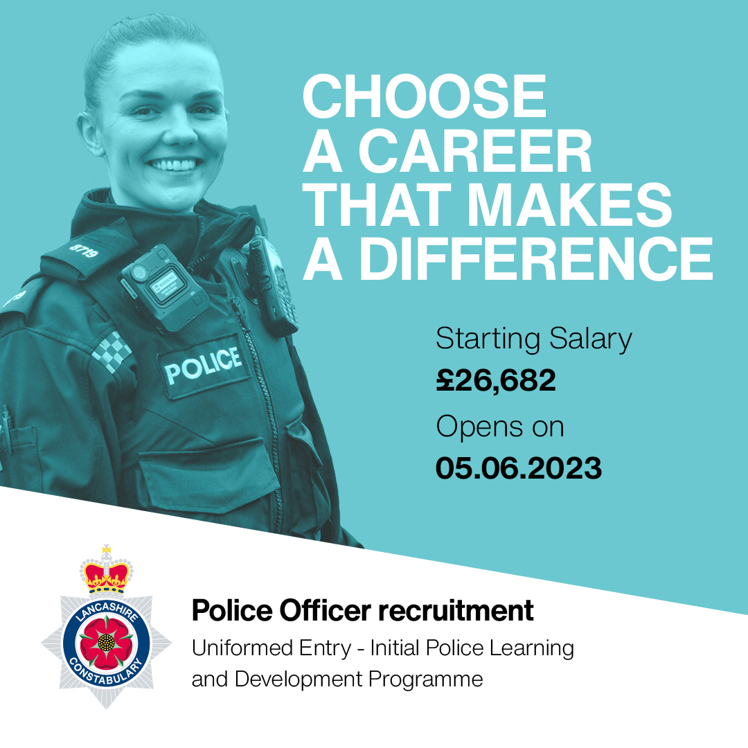 LancsPolice's tweet photo. Police Officer recruitment opens on Monday!
Check out our feed tomorrow where we will share some of the jobs one or our officers was deployed to this week on their shift.
If you want to find out more about becoming a police officer, visit https://t.co/65URSlkejs https://t.co/0RDQRRzWE2
