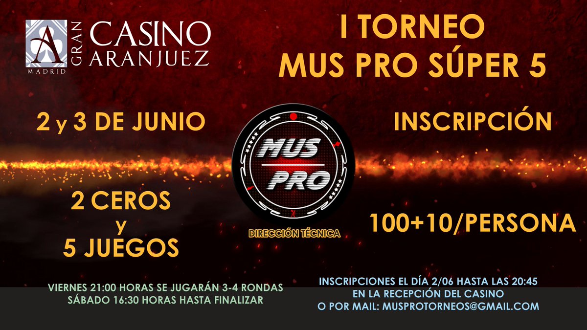 CasinoAranjuez's tweet photo. 🏆Este fin de semana: I Torneo MUS PRO SÚPER 5 #MusPro 🙌🏻 Gracias a todos por la calurosa acogida a nuestro Circuito de Mus con #Muspro el último año ¡Ha sido un placer veros disfrutar!

⚡ Inscripciones por mail musprotorneos@gmail.com o el 2 de junio hasta 20:45h en Casino. https://t.co/EAJdHAFAqx
