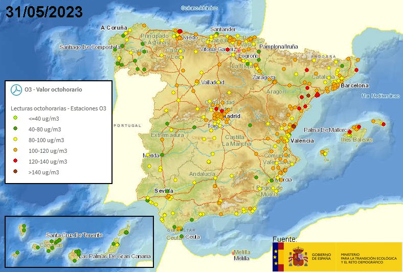 España: máximos octohorarios de ozono de ayer, 31-mayo-2023
➕ℹ️ sig.mapama.gob.es/calidad-aire/
#CalidadDelAire #Salud #AirQuality