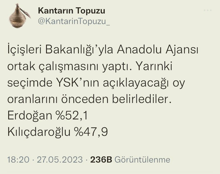 Bu twite bakıyorum,  dönüp dolaşıp yine bakıyorum
Baktıkça bakıyorum

Bu twit seçimden 1 gün önce atılmış

Eski bir AA çalışanı olarak telefonumda kayıtlı tüm milletvekillerine, ulaşabildiğim herkese bir metin kaleme alarak gönderdim

Elimden geleni yaptım olmadı.
Sağlık olsun..