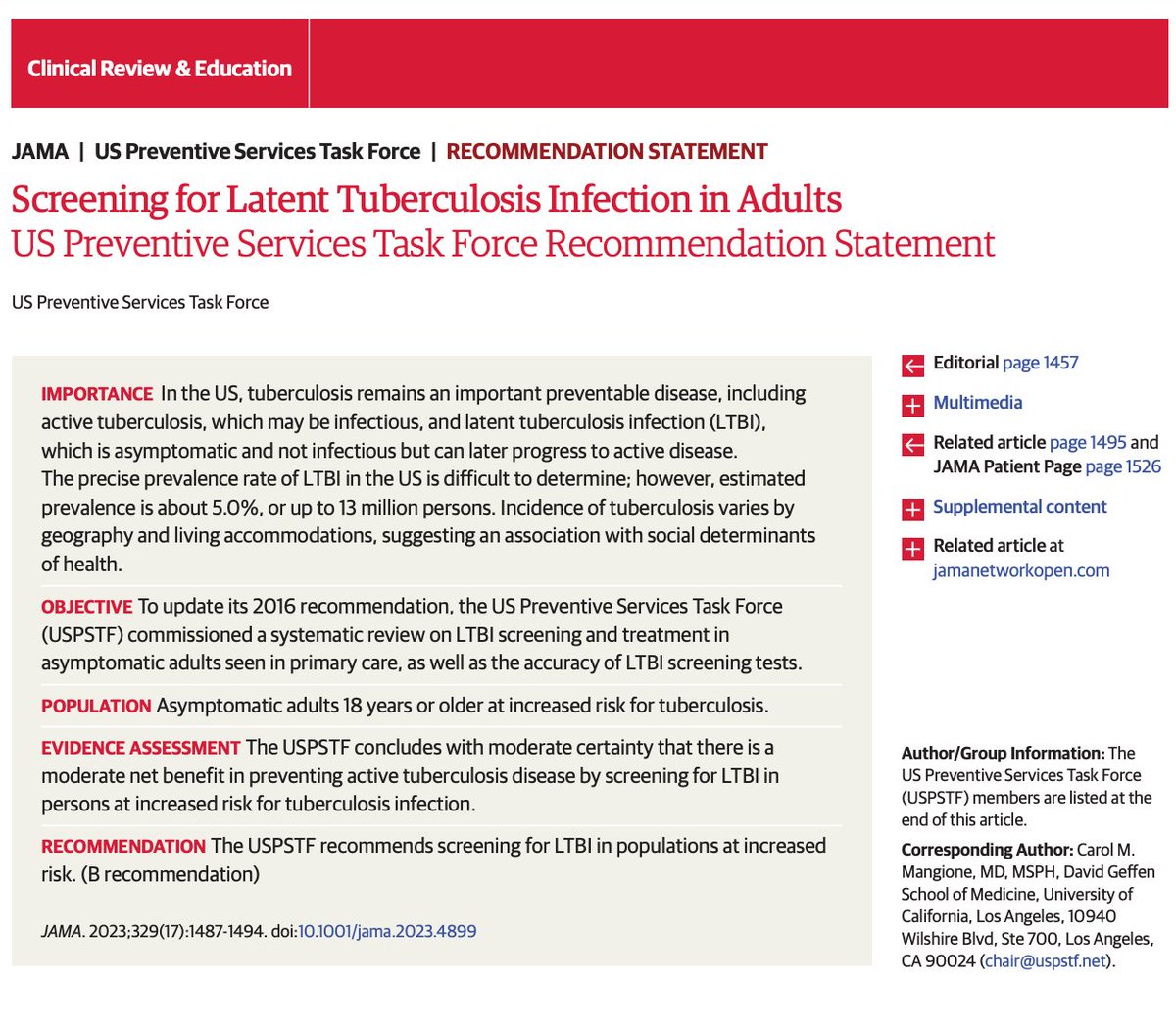 1/@USPSTF has reaffirmed its 2016 recommendation to screen for latent TB infection (LTBI) in adults at risk for infection. Welcome to our weekly #OMTweetorial. #MedTwitter #MedEd #EBM #JournalClub #PublicHealth #InfectiousDisease #TB