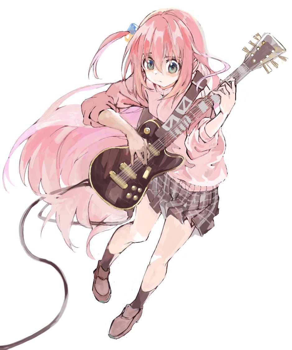 gotou hitori 1girl solo pink hair guitar long hair instrument cube hair ornament  illustration images