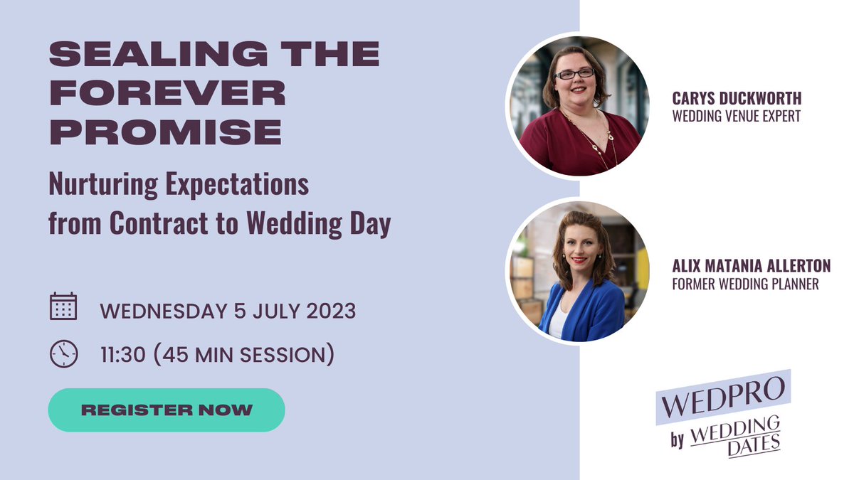 Join us! Sealing the Forever Promise: Nurture Expectations from Contract to Wedding Day

Webinar 3: Wednesday 5 July 2023 @ 11:30

Register here: 
us02web.zoom.us/webinar/regist…  

#WedPro #WebinarSeries #UnveilingTheWeddingLifecycle #WeddingIndustry #WeddingVenues