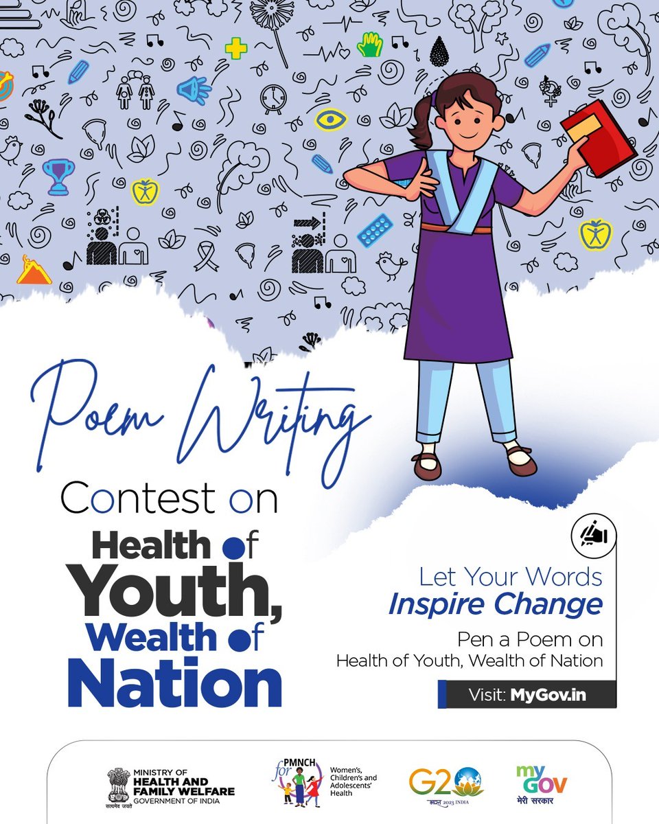 🖋️✨ Calling all wordsmiths and poets!

Engage your creative spirit in the 'Poem Writing Contest on Health of Youth, Wealth of Nation' on #MyGov.    

Visit: mygov.in/task/poem-writ…

#NewIndia #HealthyIndia 

@MoHFW_INDIA @mansukhmandviya @DrBharatippawar @spsinghbaghelpr