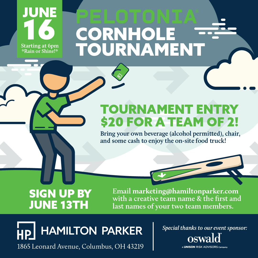 hamiltonparkerc's tweet photo. We're putting the FUN in Fundraiser!  💚 Join us at 6pm on June 16th at Hamilton Parker Columbus for a cornhole tournament raising money for @Pelotonia. $20 for a team of 2. BYOB. Email marketing@hamiltonparker.com to register.

Special Thanks To @OswaldCompanies

#HamiltonParker https://t.co/mEnpZZaKrK