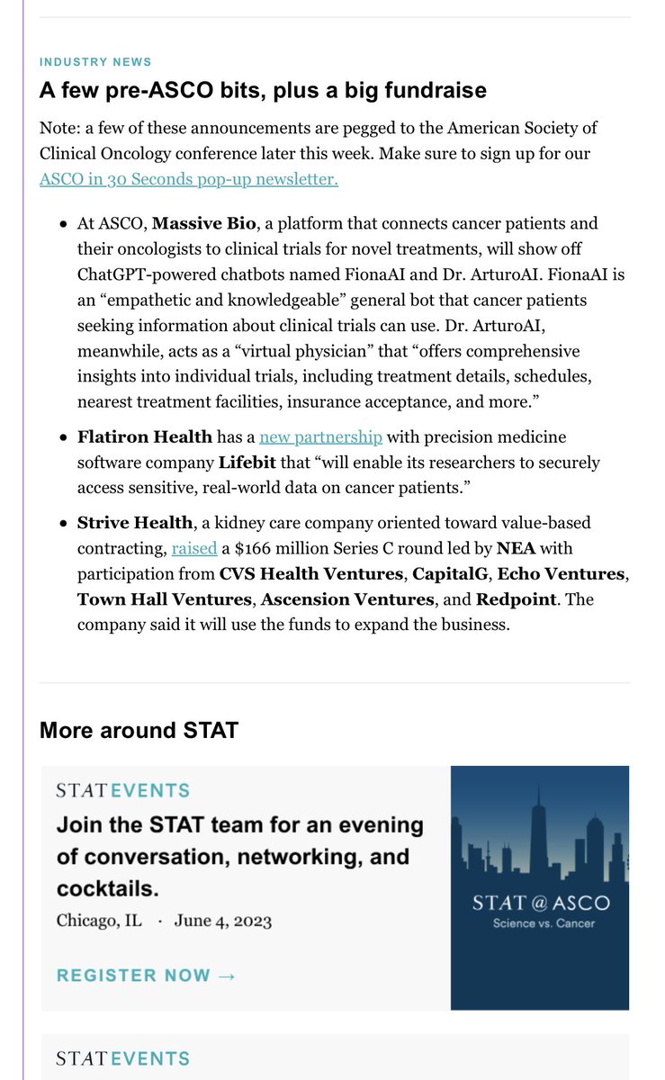 DrArturoAI's tweet image. Thank you @statnews for the shoutout on our first-in-class #ChatGPT powered #chatbots for #clinicaltrials to be showcased at #ASCO23 !! @mattlungrenMD