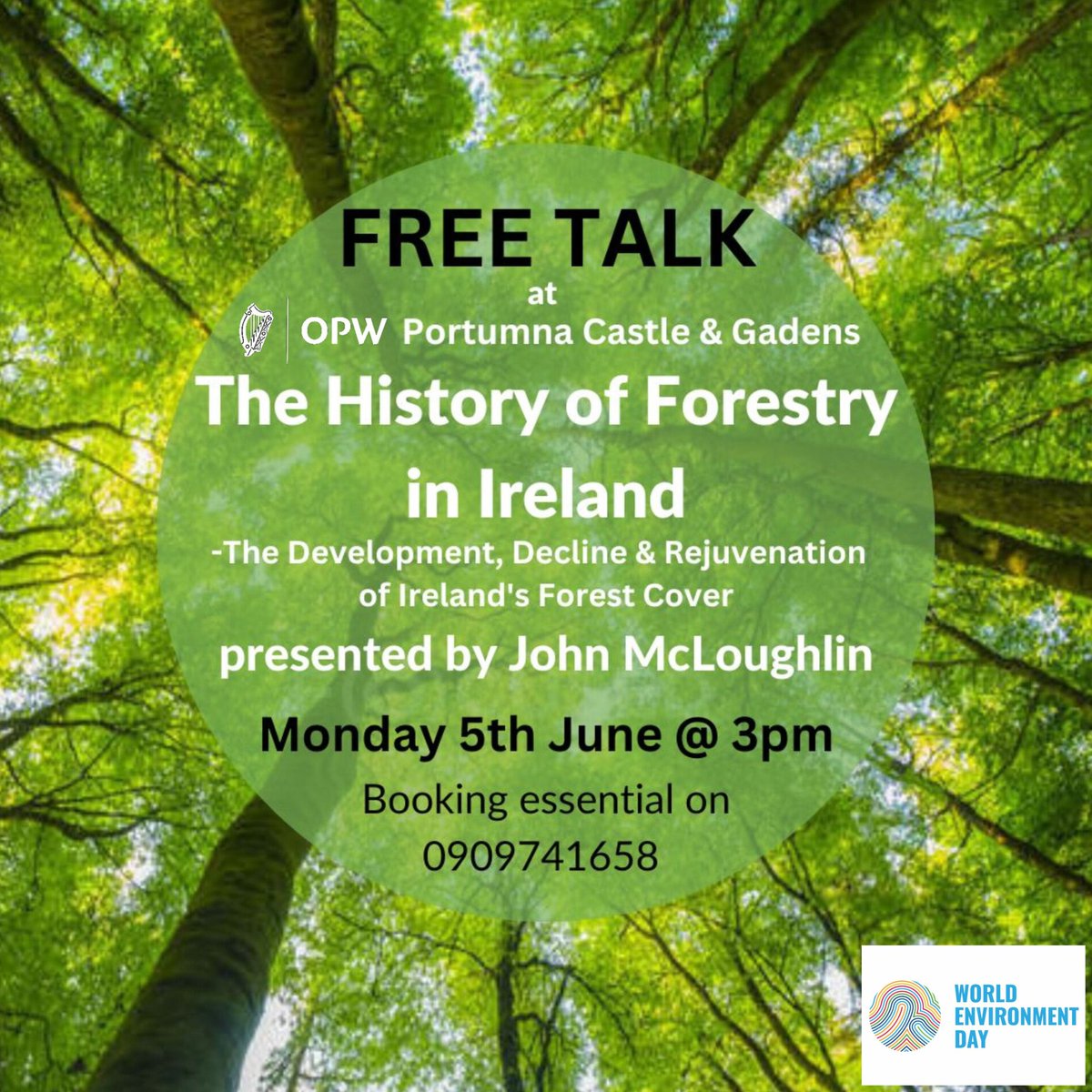 FREE talk on 'The History of Forestry' presented by John McLoughlin  this Bank Holiday Monday 3pm at Portumna Castle's Gallery. Spaces may be limited due to interest so seats can be booked in advance
Contact 0909741658 or e-mail portumnacastle@opw.ie
<a href="/opwireland/">Office of Public Works</a> 
<a href="/HeritageIreOPW/">Heritage Ireland</a>