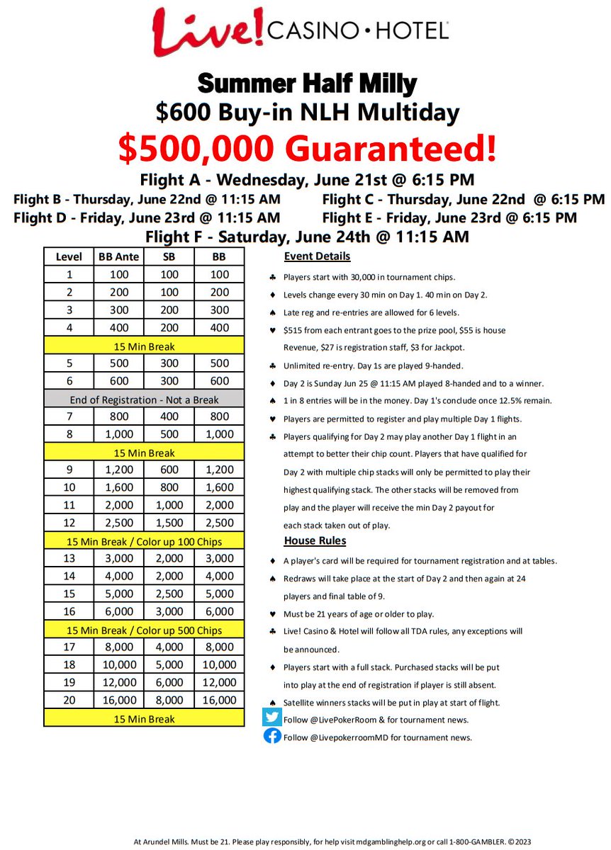 _ChrisMcCall_'s tweet photo. Things are 🔥🥵@LivePokerRoom in June w/ not 1 but 2 Multiday #pokertournaments!

The #LiveSize w/ 100k Starting Stack 1st week,
#SummerHalfMilly $500k GTD kicking off summer!

Fan favorites:
#QSBounty
#Live500
#TripleStacks Matinee
#ThirtyThirty
&amp;
Satellites start for #MSPC2023! https://t.co/dXQ8zMM6IM