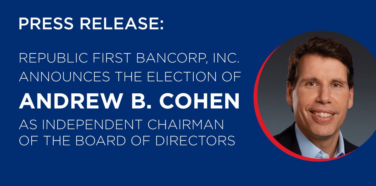 TomGeisel's tweet photo. Welcoming Andrew Cohen as independent Chairman of the Board for $FRBK is another step in the implementation of @MyRepublicBank’s strategic plan. Mr. Cohen brings with him a wealth of experience and knowledge, and I look forward to his leadership. https://t.co/XygKLcaInu https://t.co/kZMdufceLo