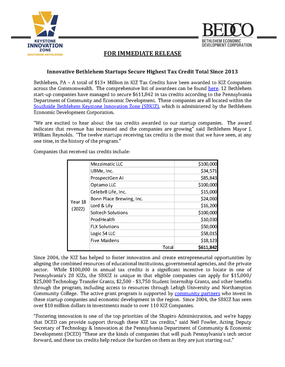 Bethlehem_CED's tweet photo. PRESS RELEASE: Innovative Bethlehem Startups Secure Highest Tax Credit Total Since 2013!  #southsidebethlehemKIZ

Companies include: @goblies @UBMeWorld @optamollc @BonnBrewing @Soltech_LLC @Terra__Health @FLX_Solutions 

Read the full press release below:
https://t.co/F7x8bBZPty https://t.co/iT7Mt70M0U