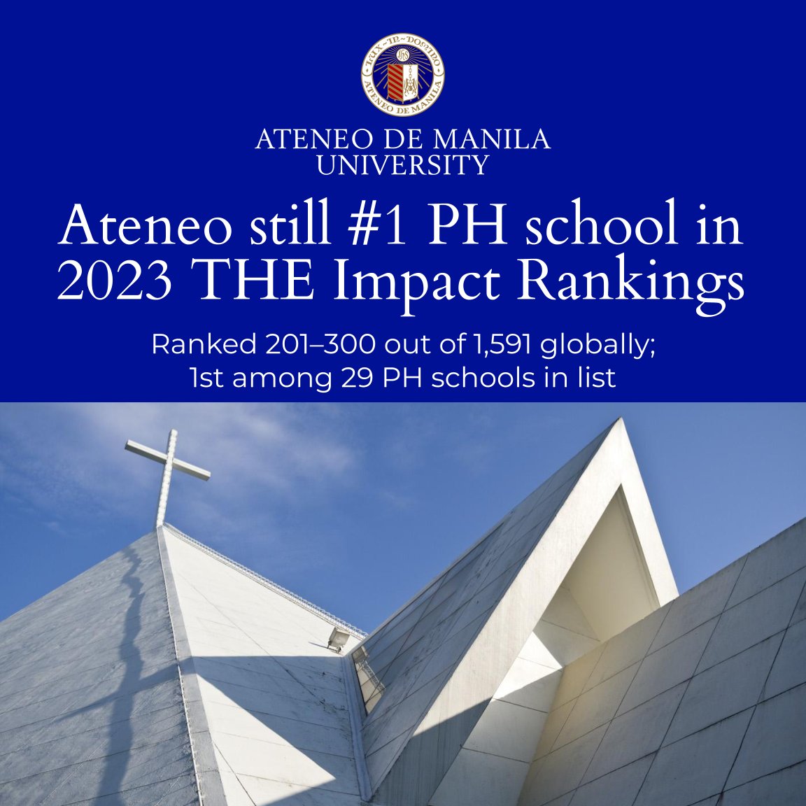 ateneodemanilau's tweet photo. Ateneo de Manila University continues to shine in the 2023 Times Higher Education (THE) Impact Rankings, as results were revealed on Thursday, 1 June 2023.

Read more: https://t.co/9h60QeSqtH https://t.co/EXoKwXoiXj