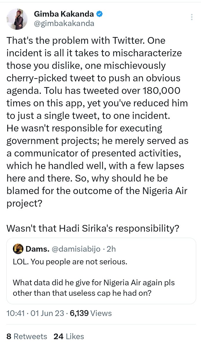 You see this particular pseudo-intellectual Gimba Kakanda? You see how he has done a complete 180⁰ in the space of 6 days? From defending "Nigeria Air" to talking about it as a failed project?

This is how forked-tongued propagandists operate. ZERO intellectual consistency.
