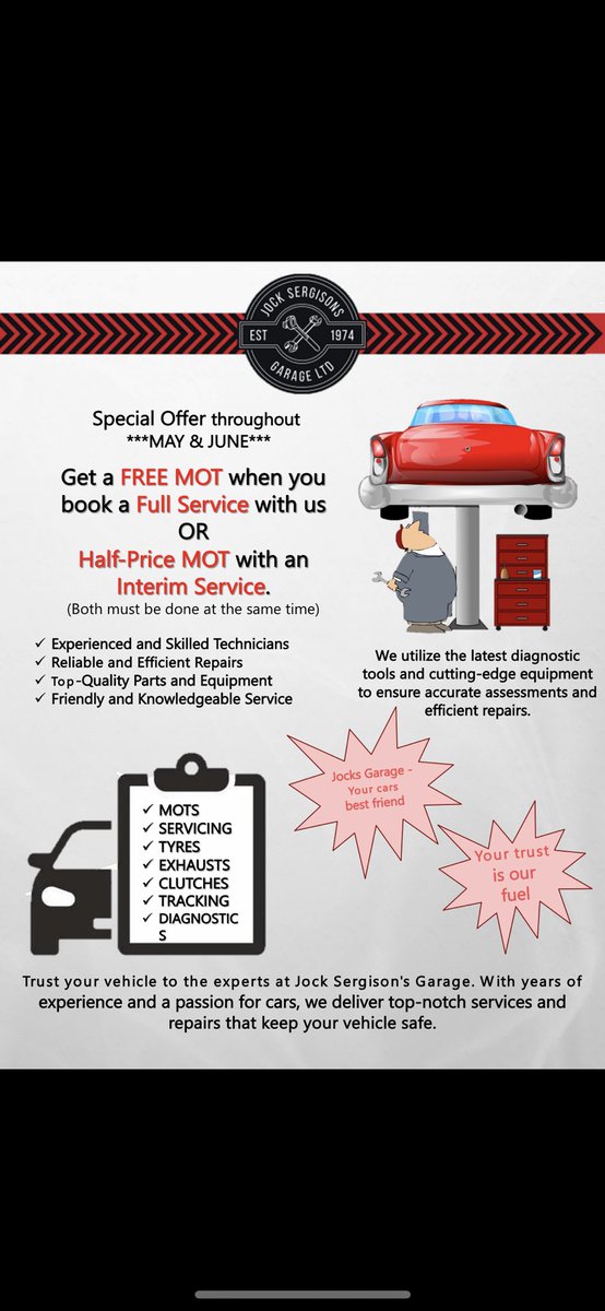JocksGarage's tweet photo. 🏎️🎉 FREE MOT when you book in for a full service in JUNE! 50% OFF your MOT with an interim service! 🏎️🎉

📞Give us a call on 01302 321238 or email us at office@jocksgarage.co.uk for your quote! https://t.co/oatQZWRHca