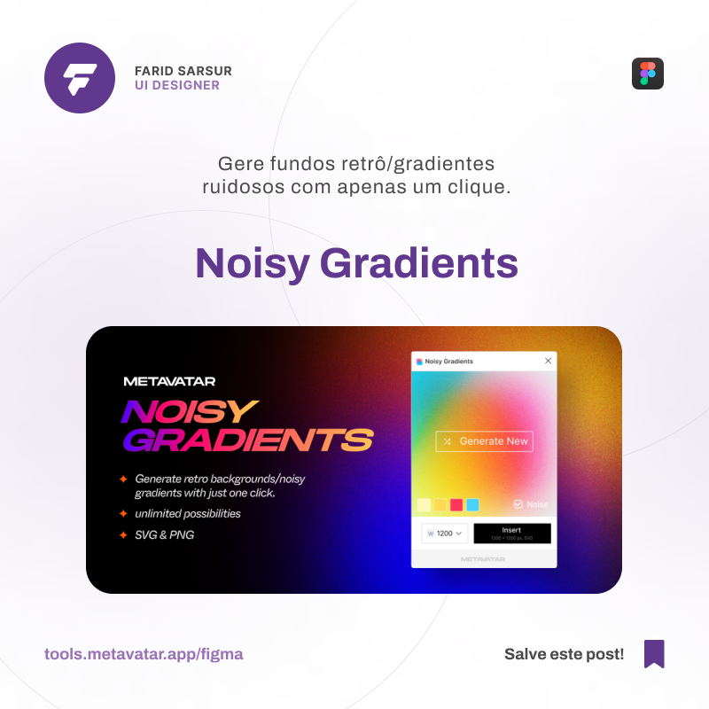 faridsarsur's tweet photo. O plugin utiliza o algoritmo Metavatar para criar incríveis fundos em degradê em uma variedade de cores legais. Ele também possui o recurso adicional de adicionar ruído para tornar os gradientes ainda mais impactantes. https://t.co/DjEBMynl0O #plugins #figma #uiuxdesign https://t.co/uEPvNrM7hN