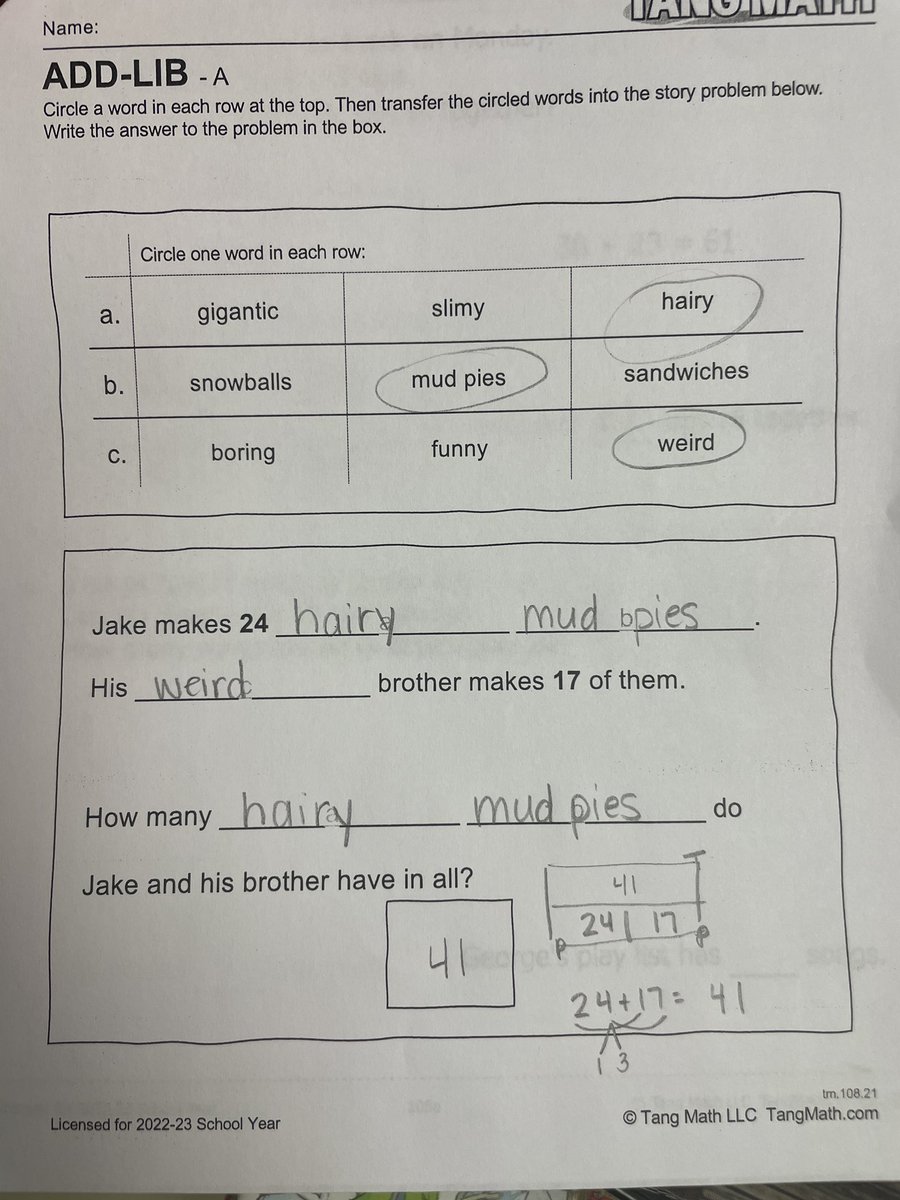 kaitymidiri's tweet photo. My firsties had so much fun with this word problem yesterday! It’s like mad libs for math!!! While some are now abstract I have some who still need to break into a number bond to see that next ten &amp; that’s fine with me since they know the process! Thanks @gregtangmath! https://t.co/us5mdLdEkW