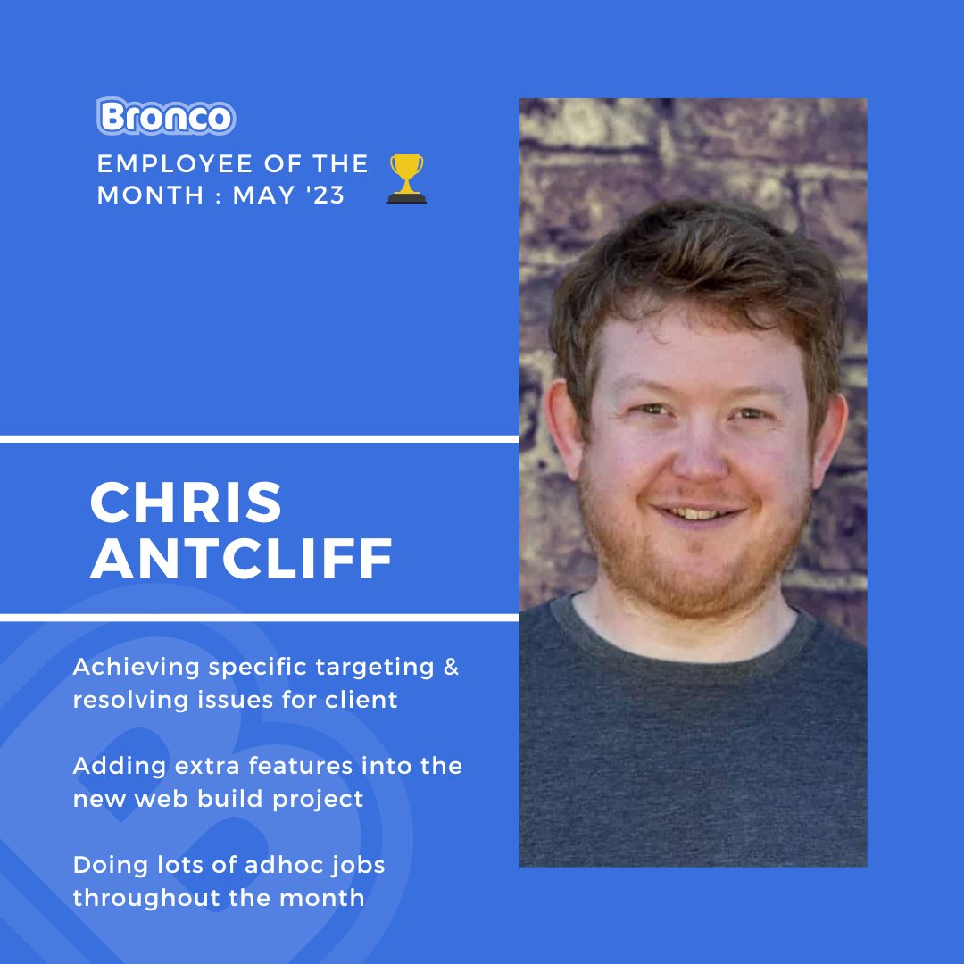 Bronco's tweet photo. π₯³ Congratulations to Chris for winning Employee of the Month for May! π
Well done for being the most awesome!
#Bronco #TeamBronco #EmployeeOfTheMonth #MostAwesome #DigitalAgency #MarketingAgency https://t.co/6K3j0A0MSv