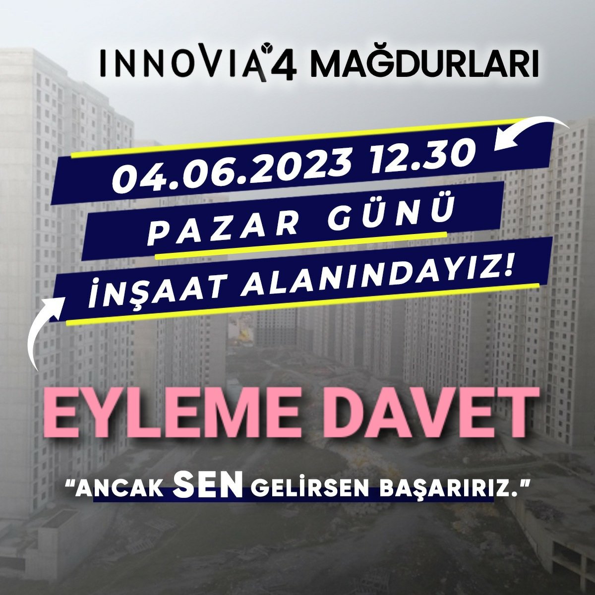 Esenyurt İnnovia 4 mağdurları inşaat alanı önünde eylem gerçekleştiriyor.

Tüm mağdurlar çocukları ile birlikte katılıyor..

Tüm Sivil toplum örgütleri ve basın mensuplarını davetlidir...