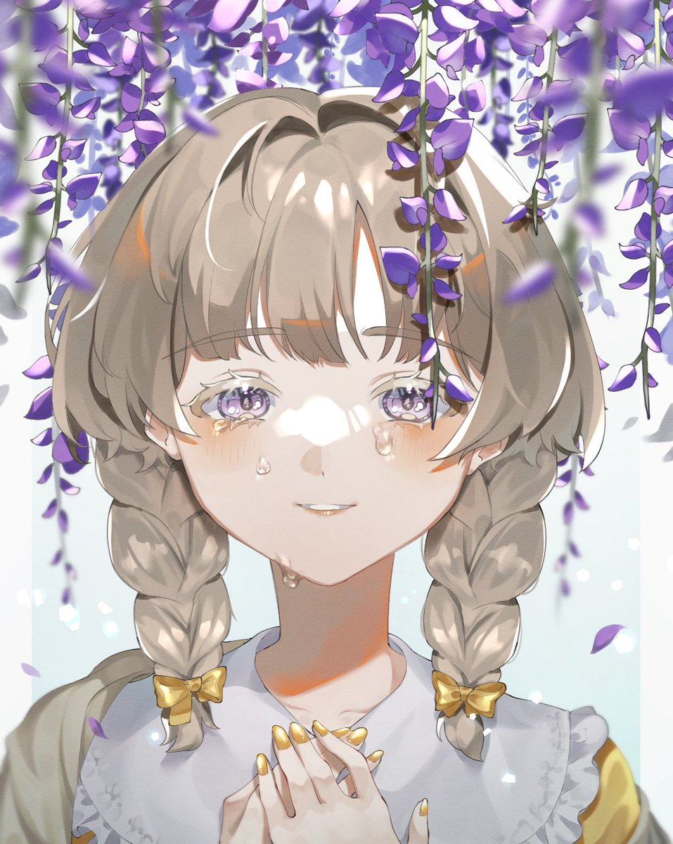 1girl solo flower braid twin braids wisteria purple eyes  illustration images