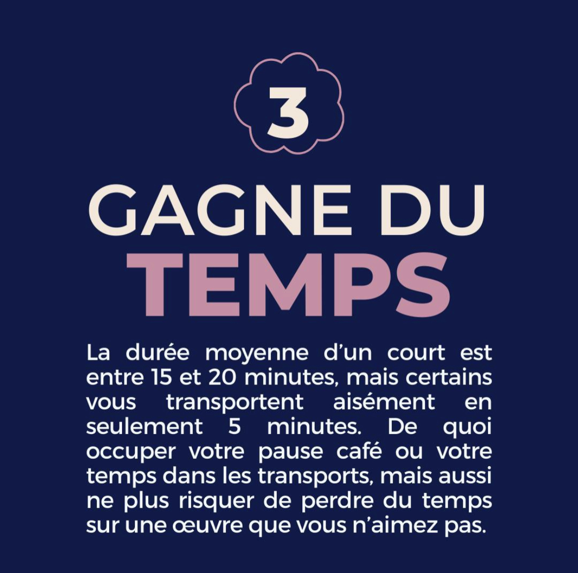 🤔Pourquoi regarder du court ?

➡️ Le court métrage est souvent considéré comme un art cinématographique de niche, mais voici 3 raisons pour lesquelles tu devrais lui donner une chance !

#courtmetrage #cinema #film #streaming #svod #vod #animation